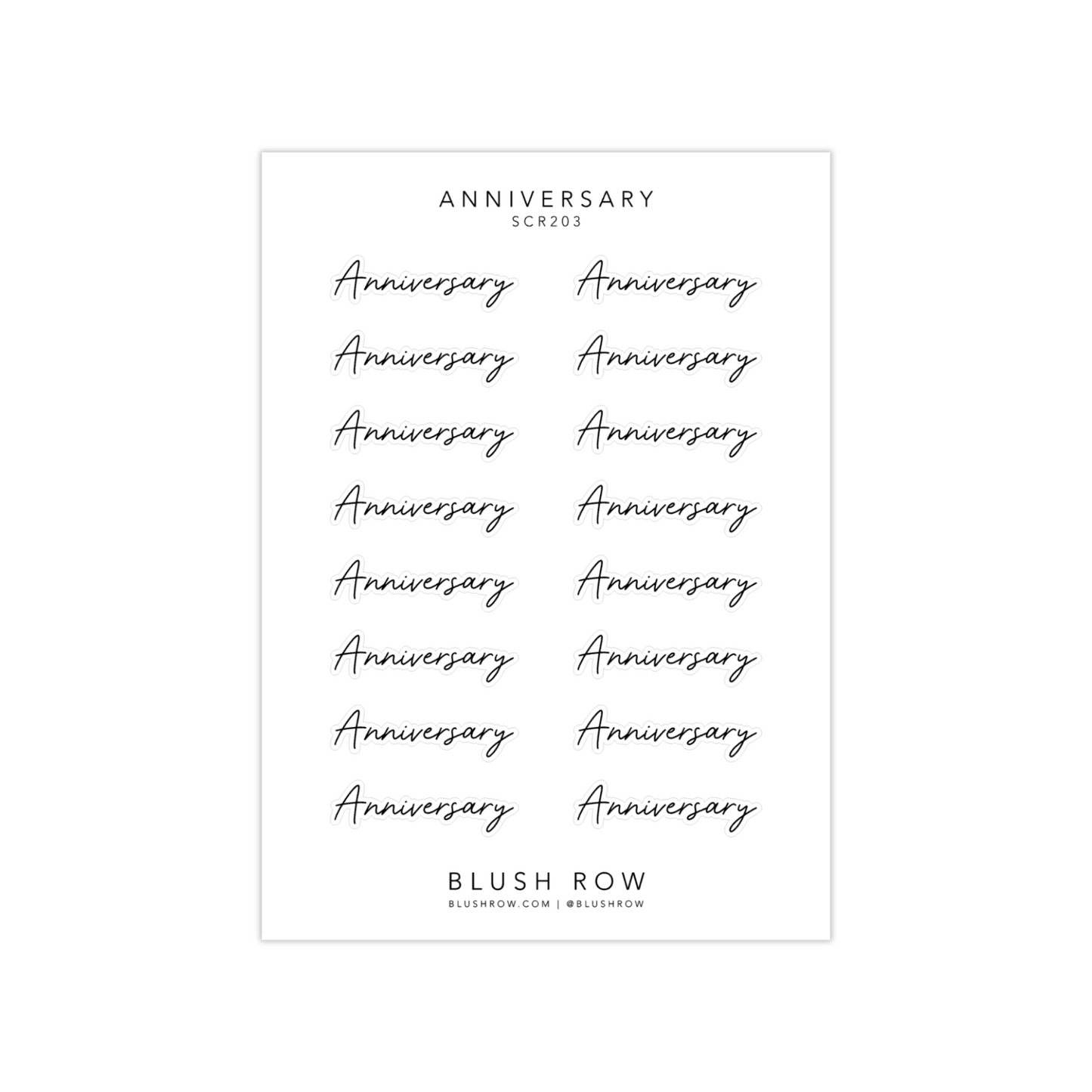 Sticker sheet with 'anniversary' scripted planner stickers, in a beautiful handwritten font.