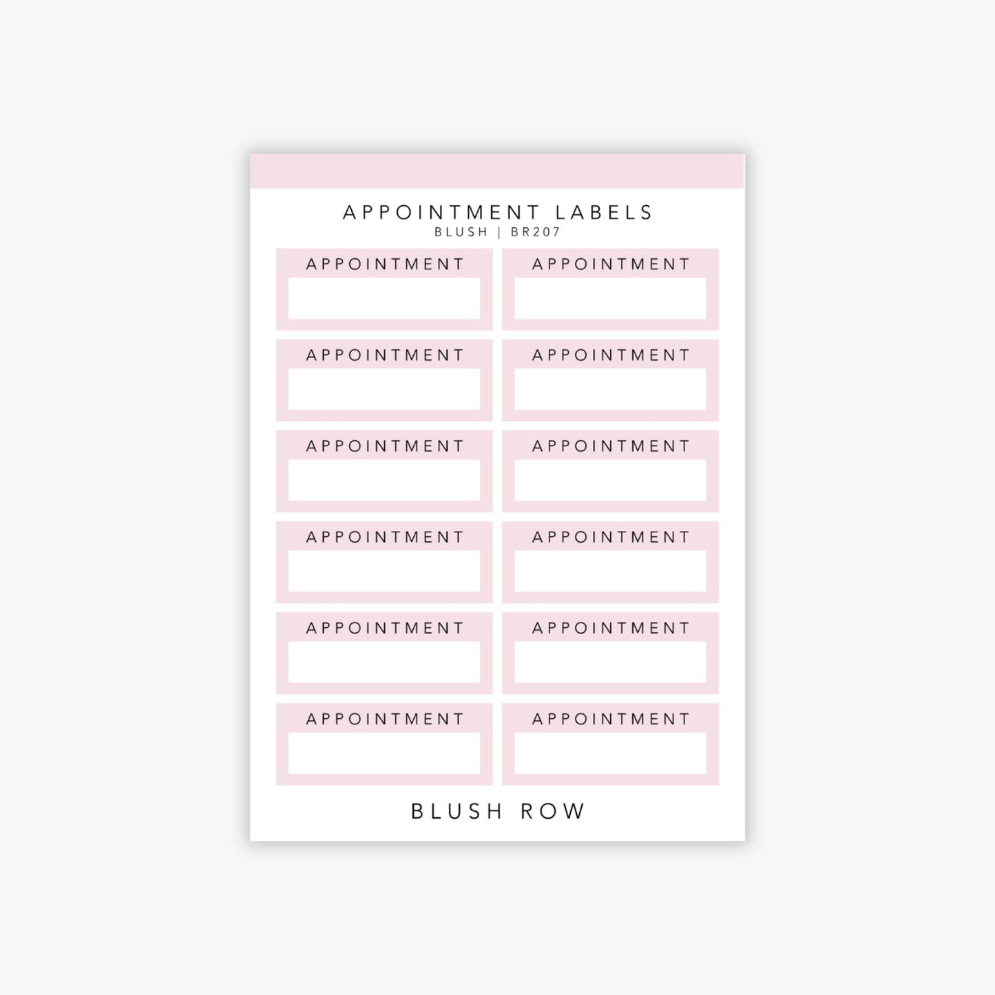 Quarter box planner stickers with the word 'appointment' written in a black uppercase font with a blush pink background on a Blush Row sticker sheet.