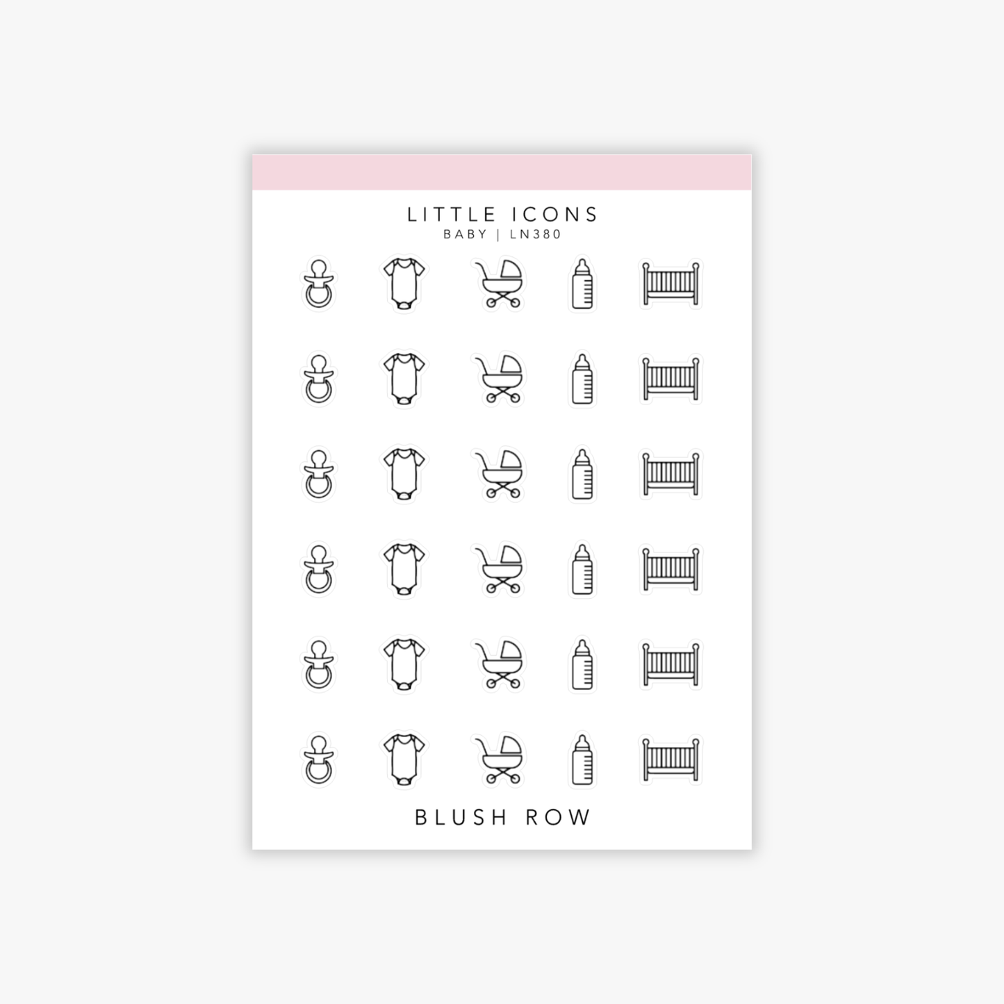 Sticker sheet of baby-themed icon planner stickers in a minimal black line style, featuring icons of a dummy, baby grow, pram, baby bottle, and cot arranged in repeating rows.