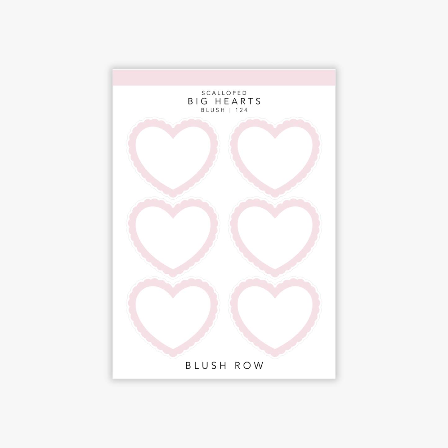 Big heart shaped planner stickers in a blush pink shade with scalloped edging on a Blush Row sticker sheet.