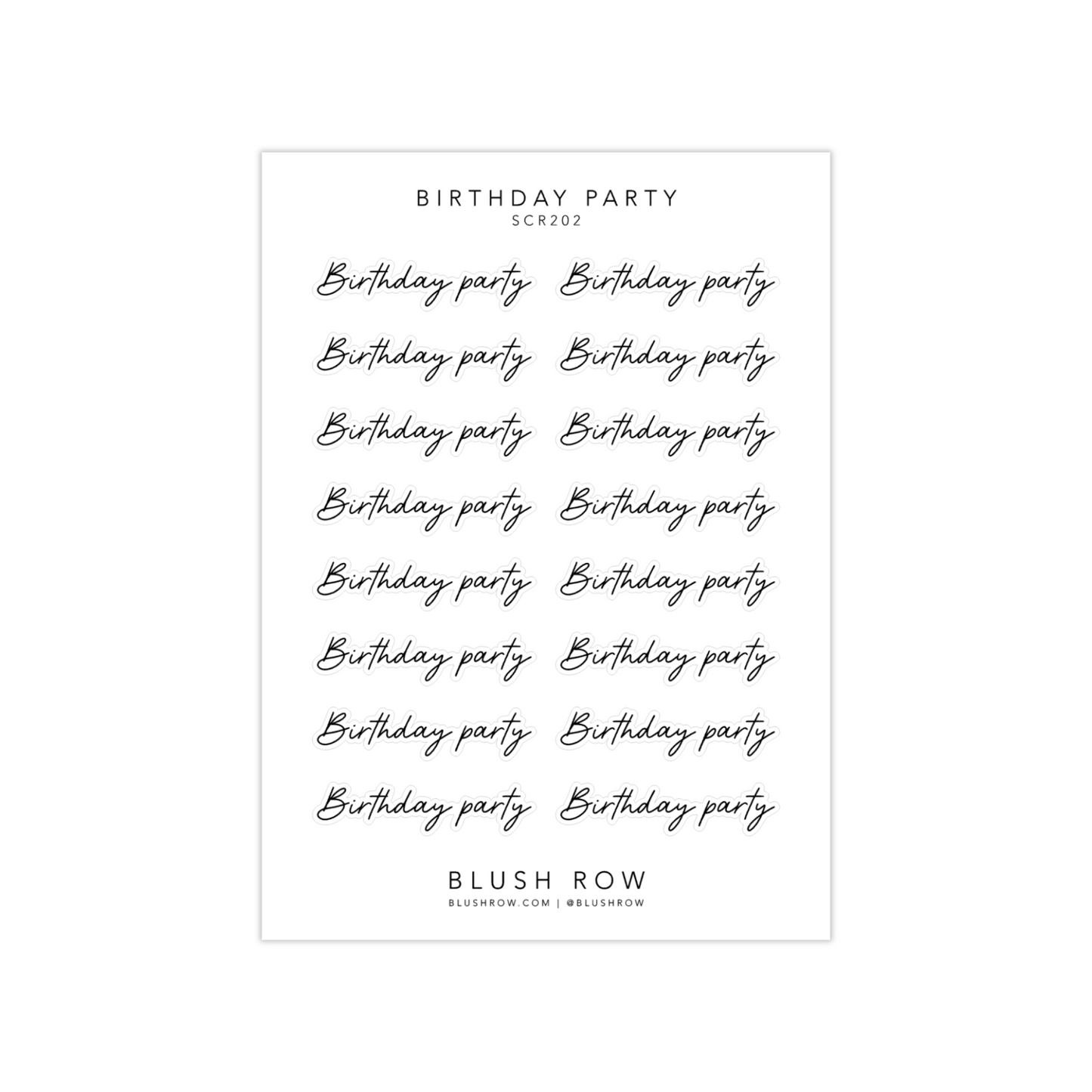 Sticker sheet with 'birthday party' scripted planner stickers in a beautiful handwritten font.