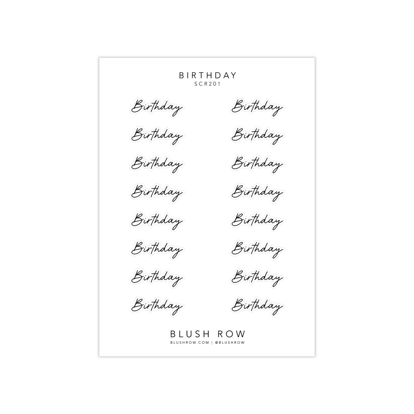 Sticker sheet with 'birthday' scripted planner stickers in a beautiful handwritten font.