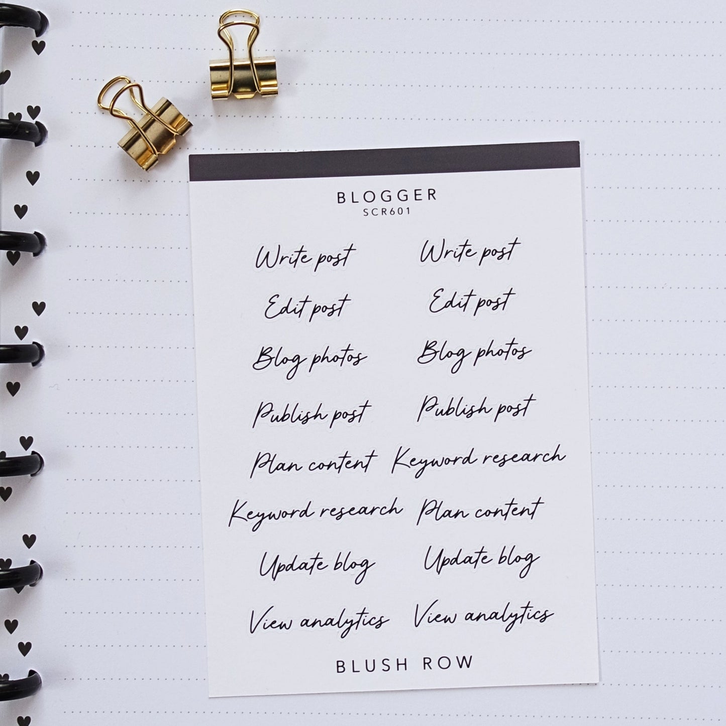 Blog themed scripted planner stickers written in a beautiful black handwritten font on a Blush Row sticker sheet.