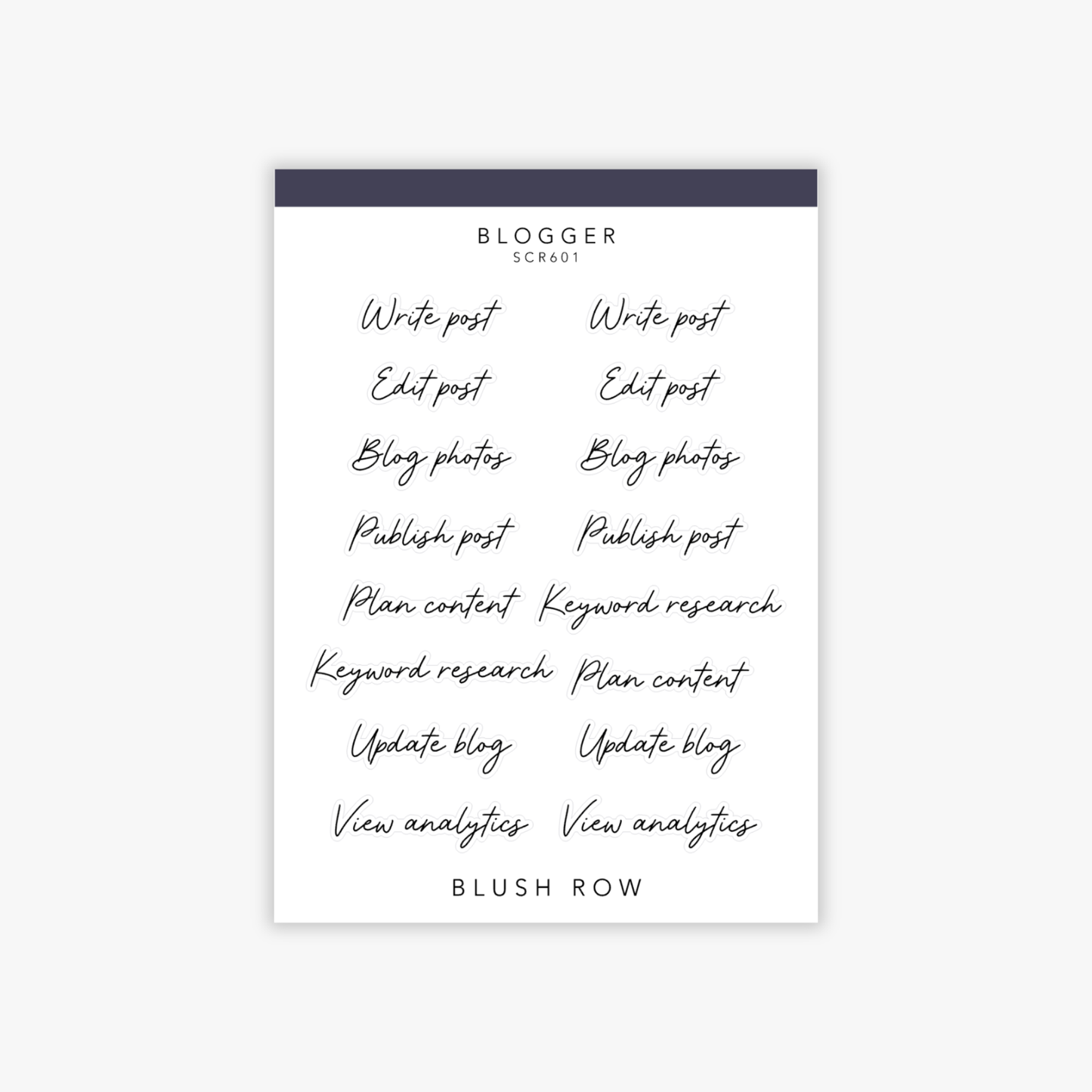 Blog themed scripted planner stickers written in a beautiful black handwritten font on a Blush Row sticker sheet.