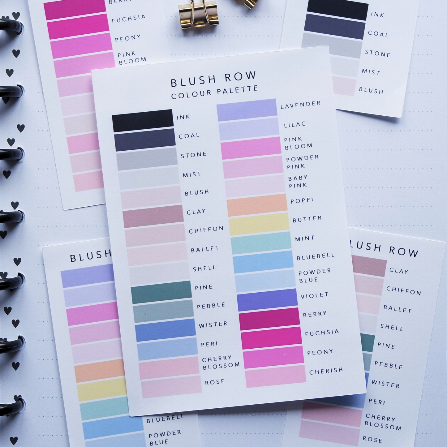 Printed sheets showing Blush Row colour palette with labelled swatches