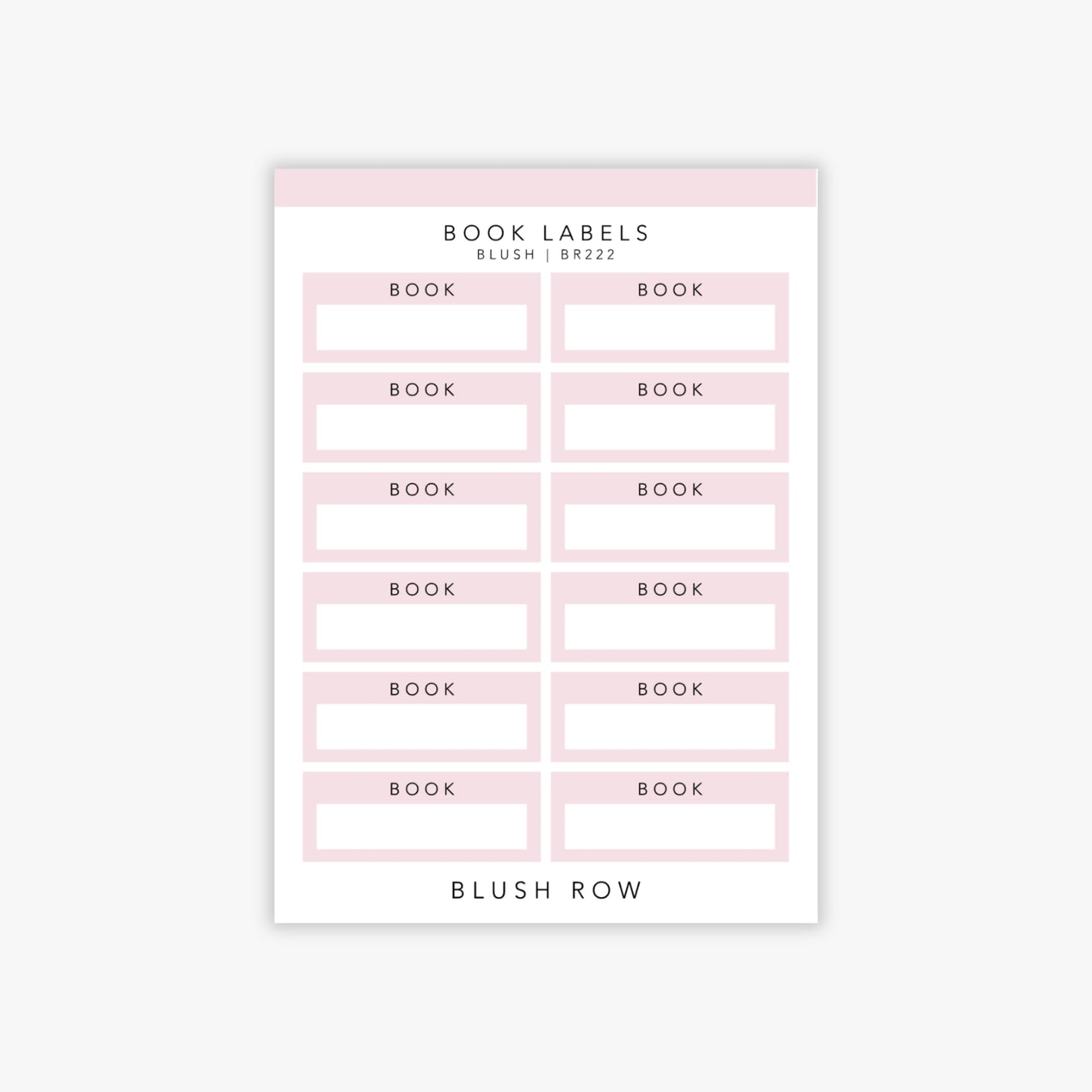 Quarter box planner stickers with the word 'book' written in a black uppercase font with a blush pink background on a Blush Row sticker sheet.