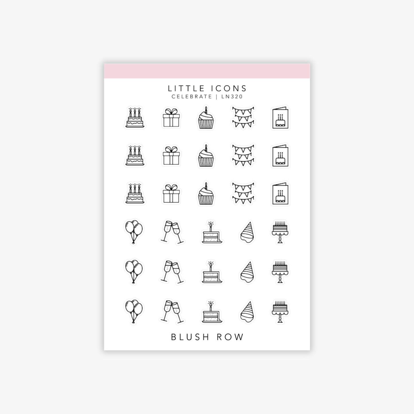 Sticker sheet of celebration icon planner stickers in a minimal black line style, featuring icons of birthday cakes, gift boxes, cupcakes, bunting, cards, balloons, champagne glasses, party hats, and celebration cakes arranged in rows.