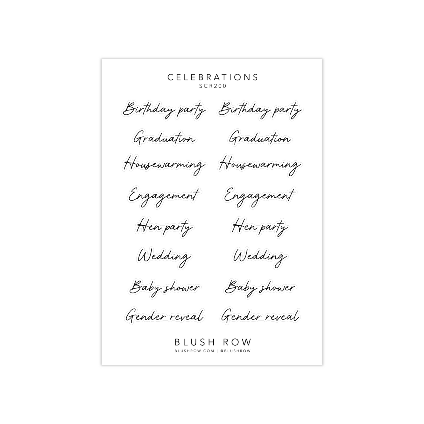 Sticker sheet with a selection of celebration words in a beautiful scripted font.