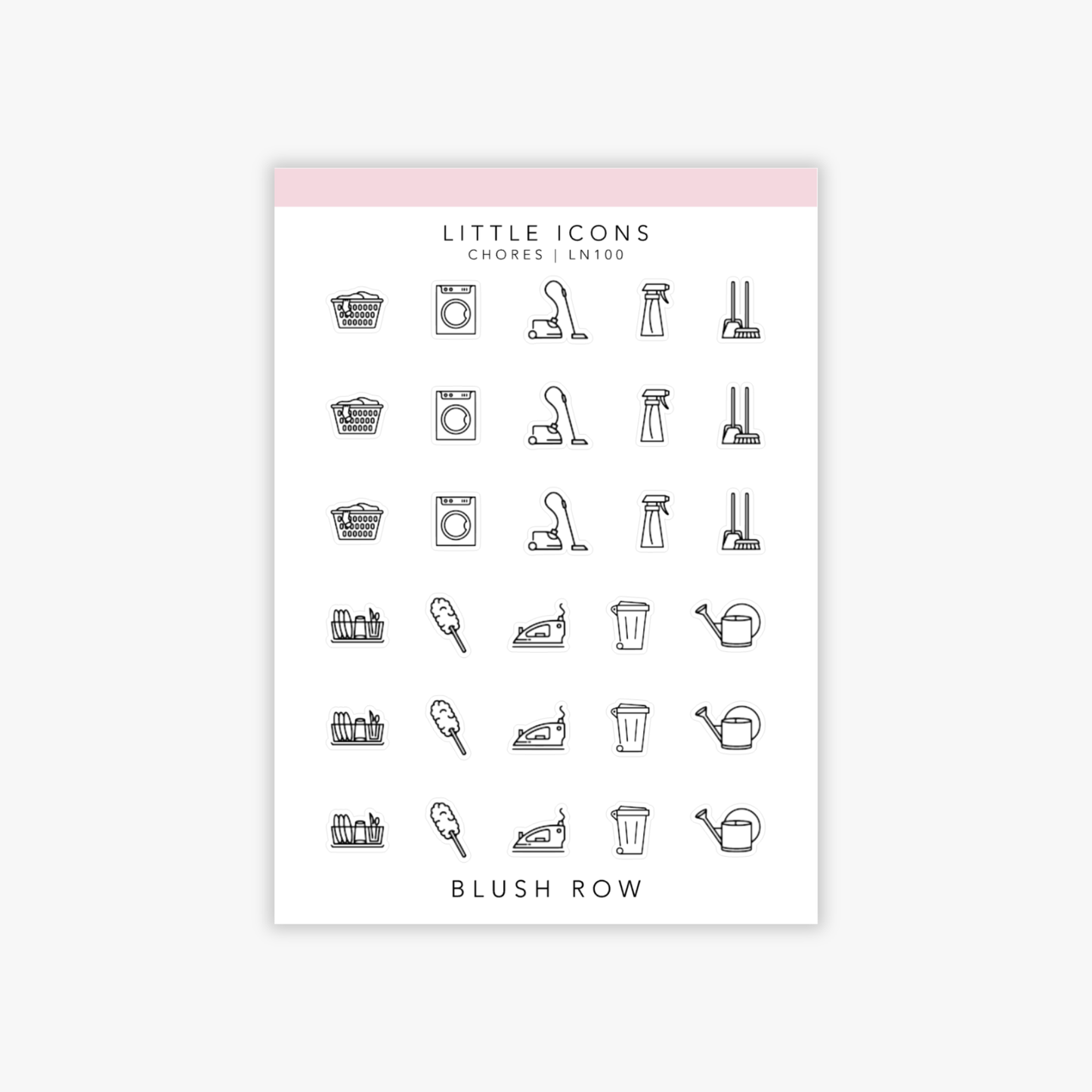 Sticker sheet of household chores icon planner stickers in a minimal black line style, featuring icons of a laundry basket, washing machine, vacuum cleaner, spray bottle, mop and bucket, dishes, duster, iron, bin, and watering can arranged in repeating rows.