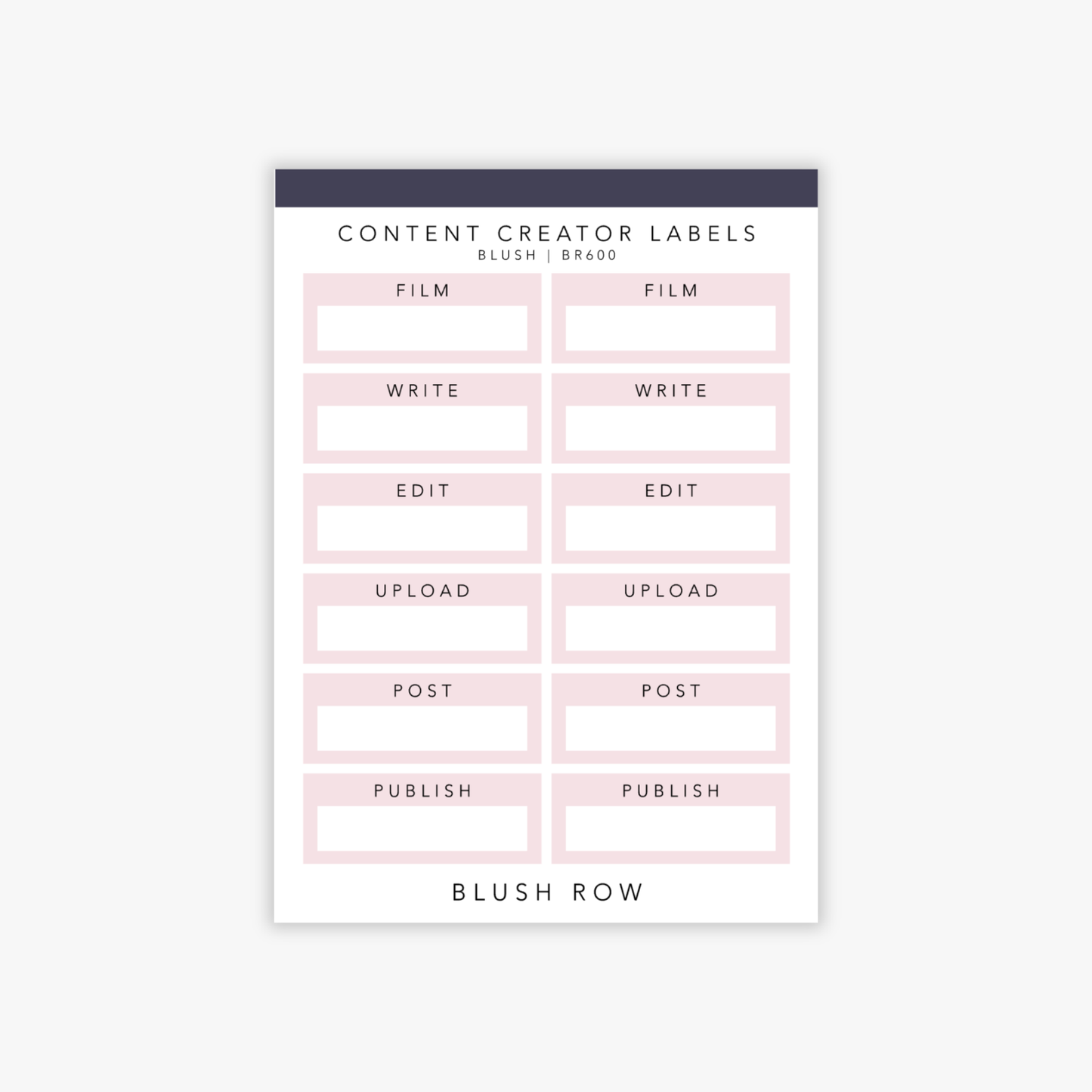 Quarter box planner stickers with a selection of content creator words written in a black uppercase font with a blush pink background on a Blush Row sticker sheet.