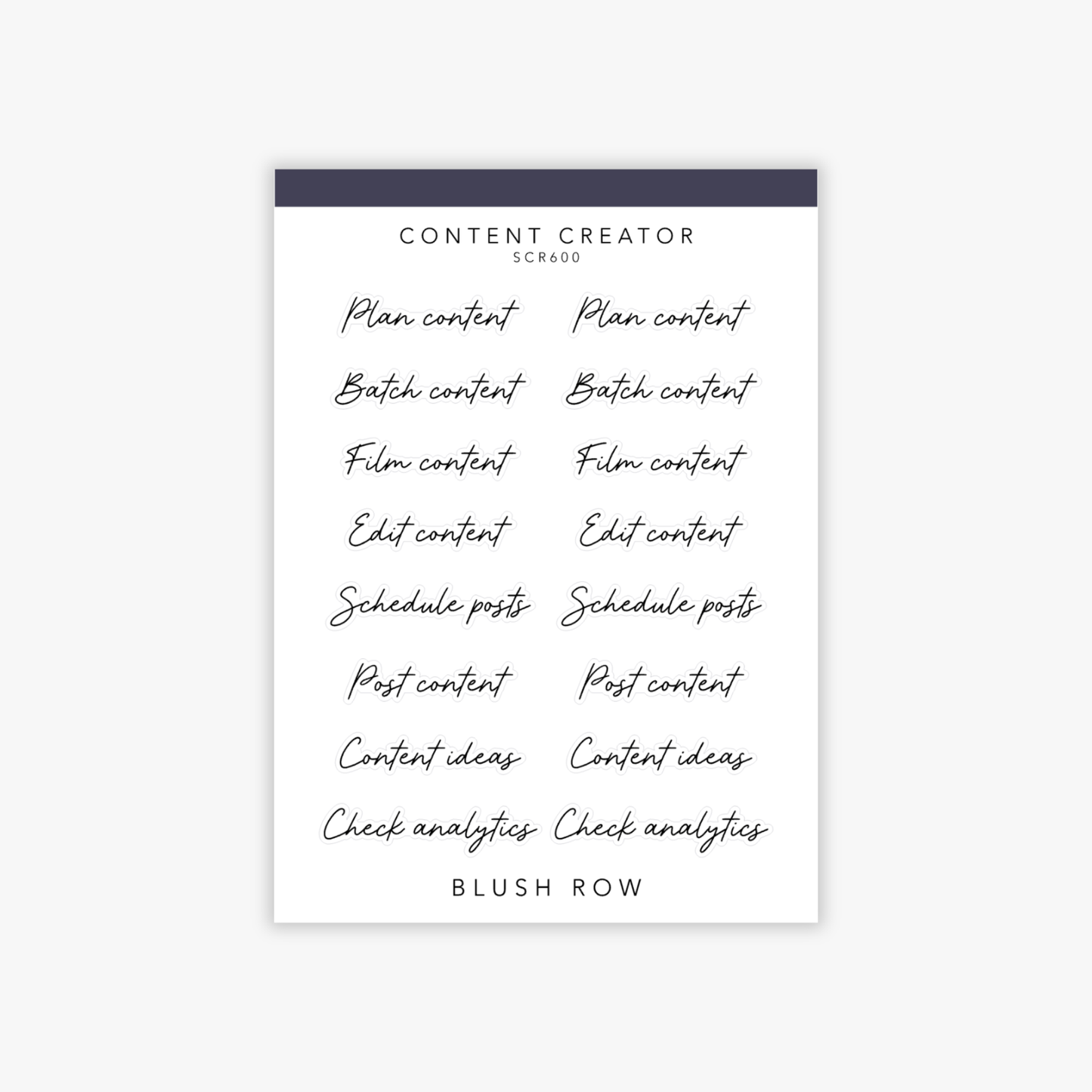 Content creator themed scripted planner stickers on a Blush Row sticker sheet.