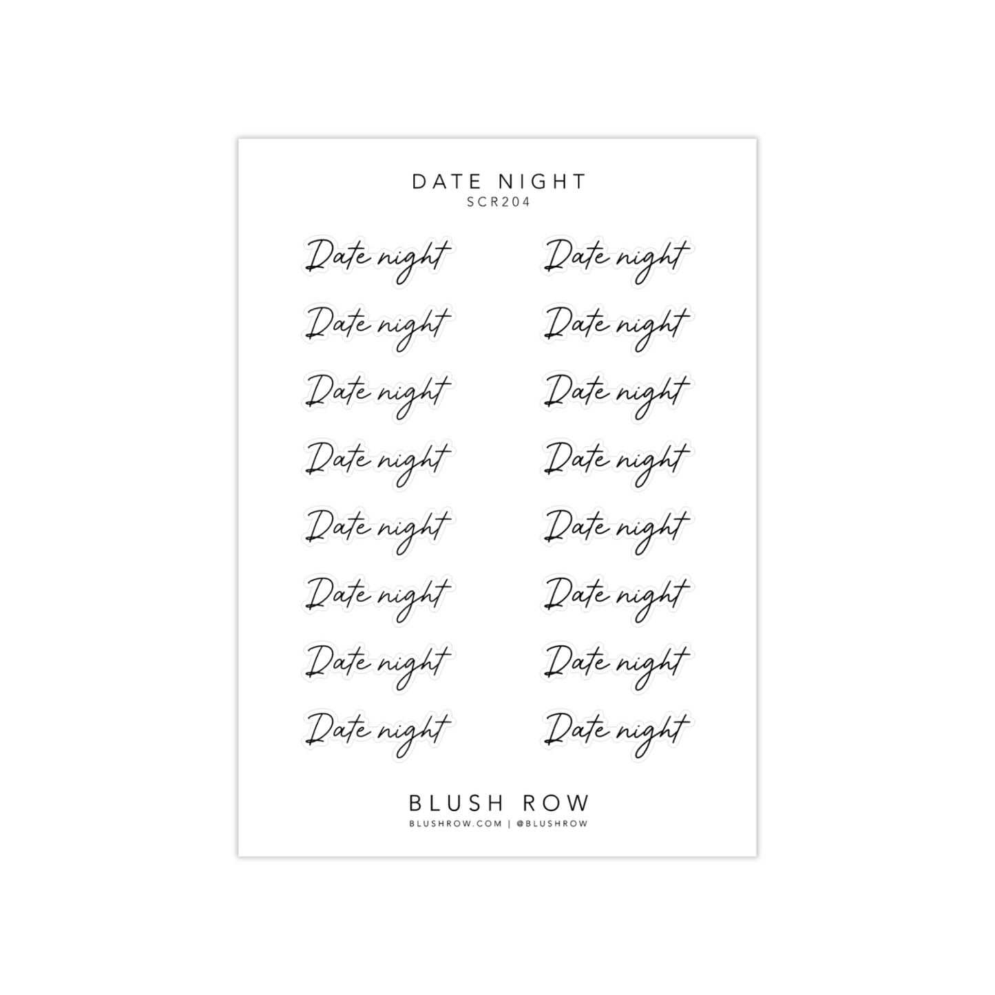 Sticker sheet with 'date night' scripted planner stickers in a beautiful handwritten font.