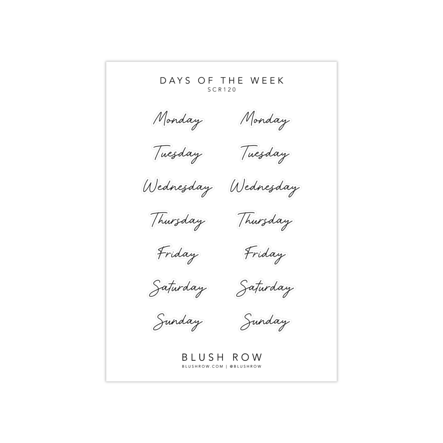 Sticker sheet with days of the week scripted planner stickers.