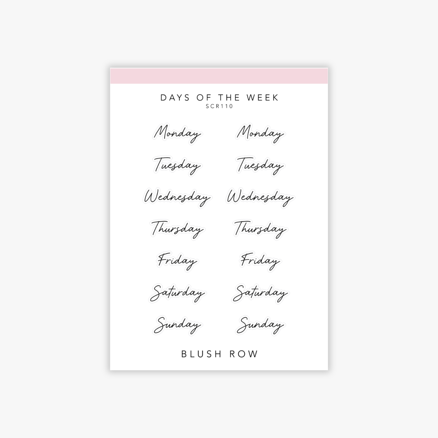 Sticker sheet of days of the week planner stickers in black handwritten script, featuring Monday through Sunday in a minimal cursive style.