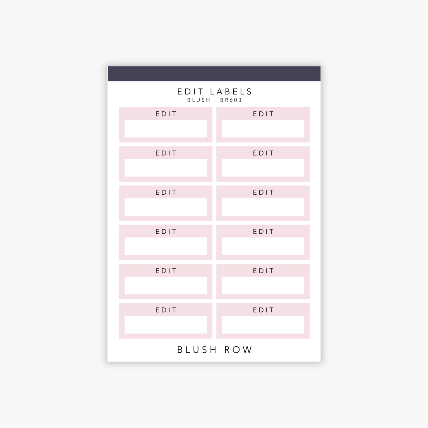 Quarter box shaped planner stickers with the word 'edit' written in a black uppercase font with a blush pink background on a Blush Row sticker sheet.