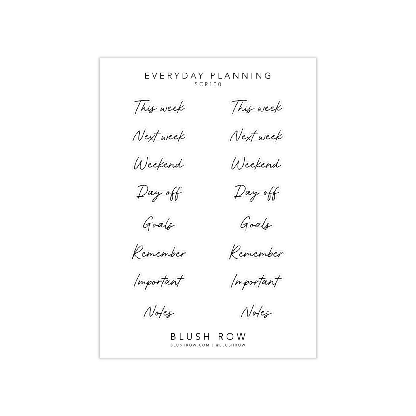 Everyday Planning sticker sheet featuring script planner stickers in a beautiful handwritten font, designed for use in planners and journals.