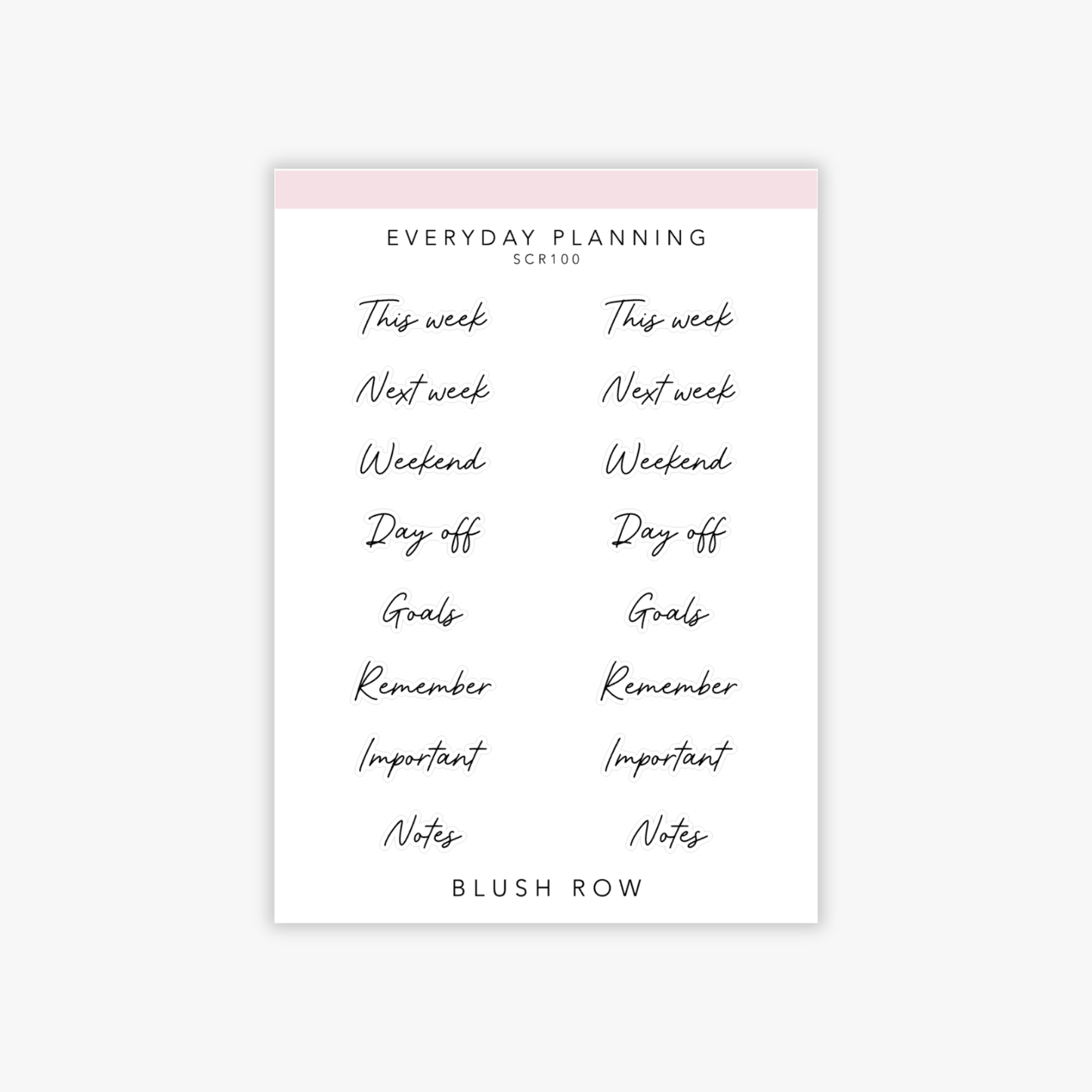 Everyday planning themed black scripted planner stickers on a Blush Row sticker sheet.