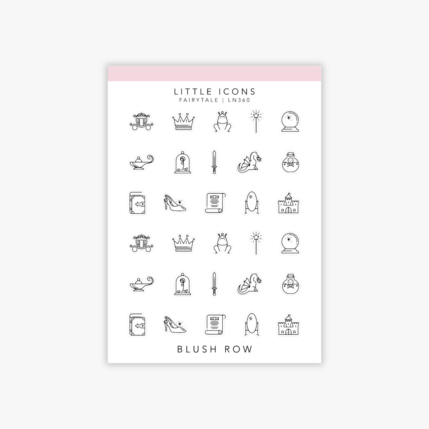 Sticker sheet of fairytale-themed icon planner stickers in a minimal black line style, featuring icons such as a carriage, crown, frog prince, magic wand, crystal ball, genie lamp, enchanted rose, sword, dragon, potion bottle, spell book, glass slipper, scroll, mirror, and castle arranged in neat rows.
