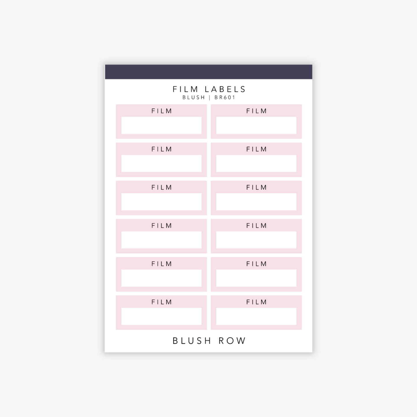 Quarter box planner stickers with the word 'film' written in a black uppercase font with a blush pink background on a Blush Row sticker sheet.