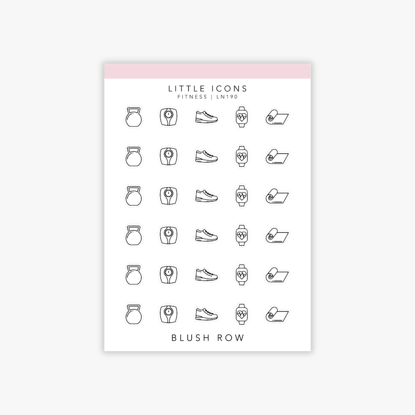 Sticker sheet of fitness icon planner stickers in a minimal black line style, featuring icons of a kettlebell, weighing scale, trainers, fitness tracker watch, and exercise mat arranged in repeating rows.