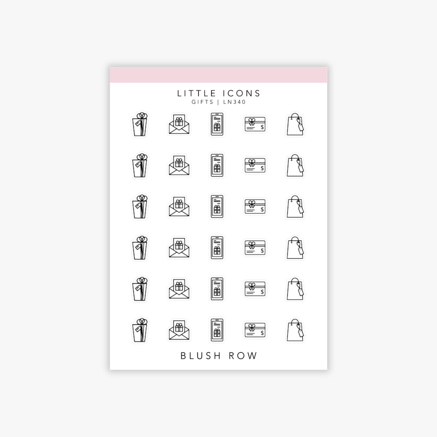 Sticker sheet of gift-themed icon planner stickers in a minimal black line style, featuring icons of wrapped presents, gift envelopes, mobile gift notifications, gift cards, and shopping bags arranged in neat rows.