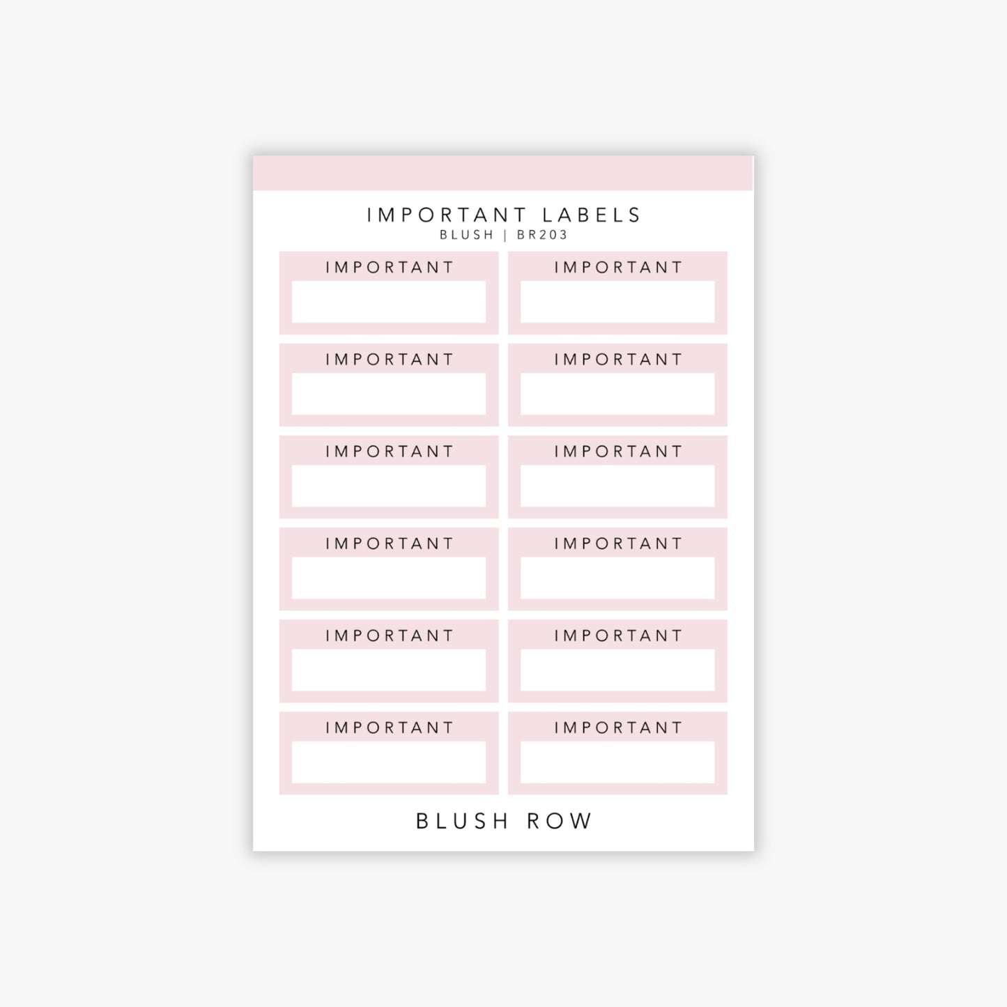Quarter box planner stickers with the word 'important' written in a black uppercase font with a blush pink background on a Blush Row sticker sheet.