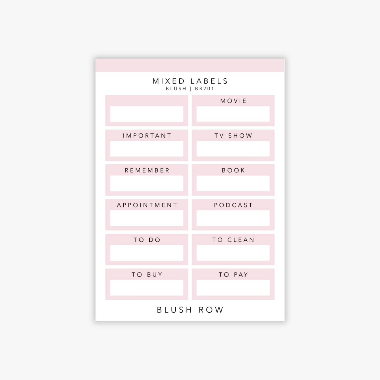 Quarter box planner stickers with the every day planning words like important, remember, to do, to buy, movie, tv show, and more written in a black uppercase font with a blush pink background on a Blush Row sticker sheet.
