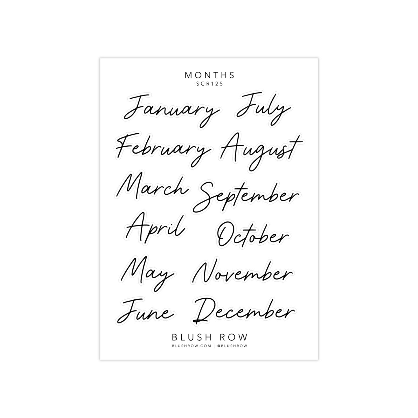 Sticker sheets with the months of the year in a scripted beautiful handwritten font.