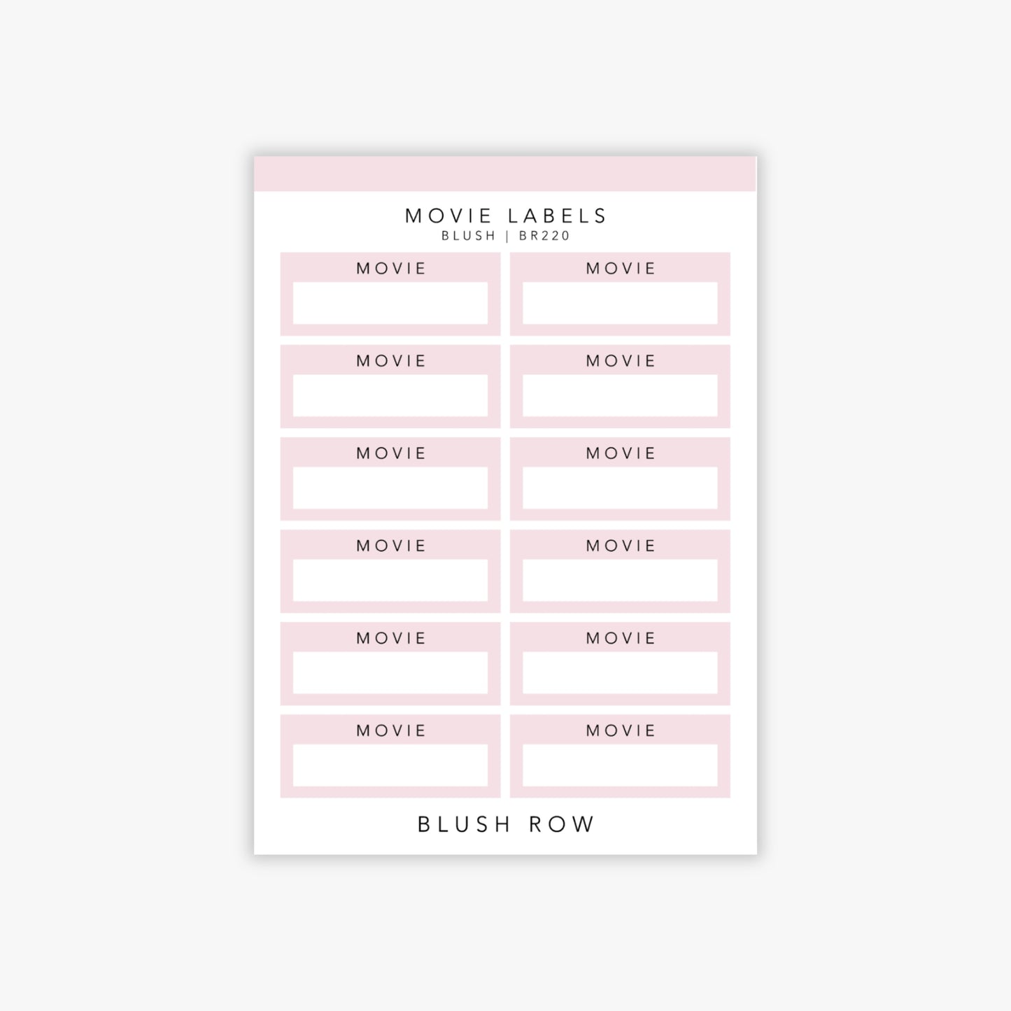 Quarter box planner stickers with the word 'movie' written in a black uppercase font with a blush pink background on a Blush Row sticker sheet.