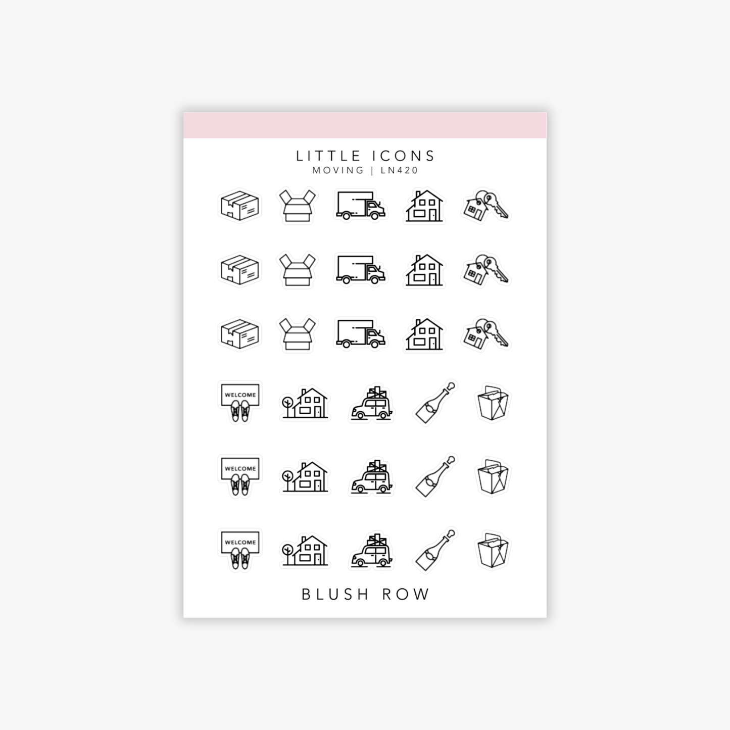 Sticker sheet of moving icon planner stickers in minimal black line style, featuring icons for boxes, packing, moving truck, house, keys, welcome mat, car, champagne, and storage box.