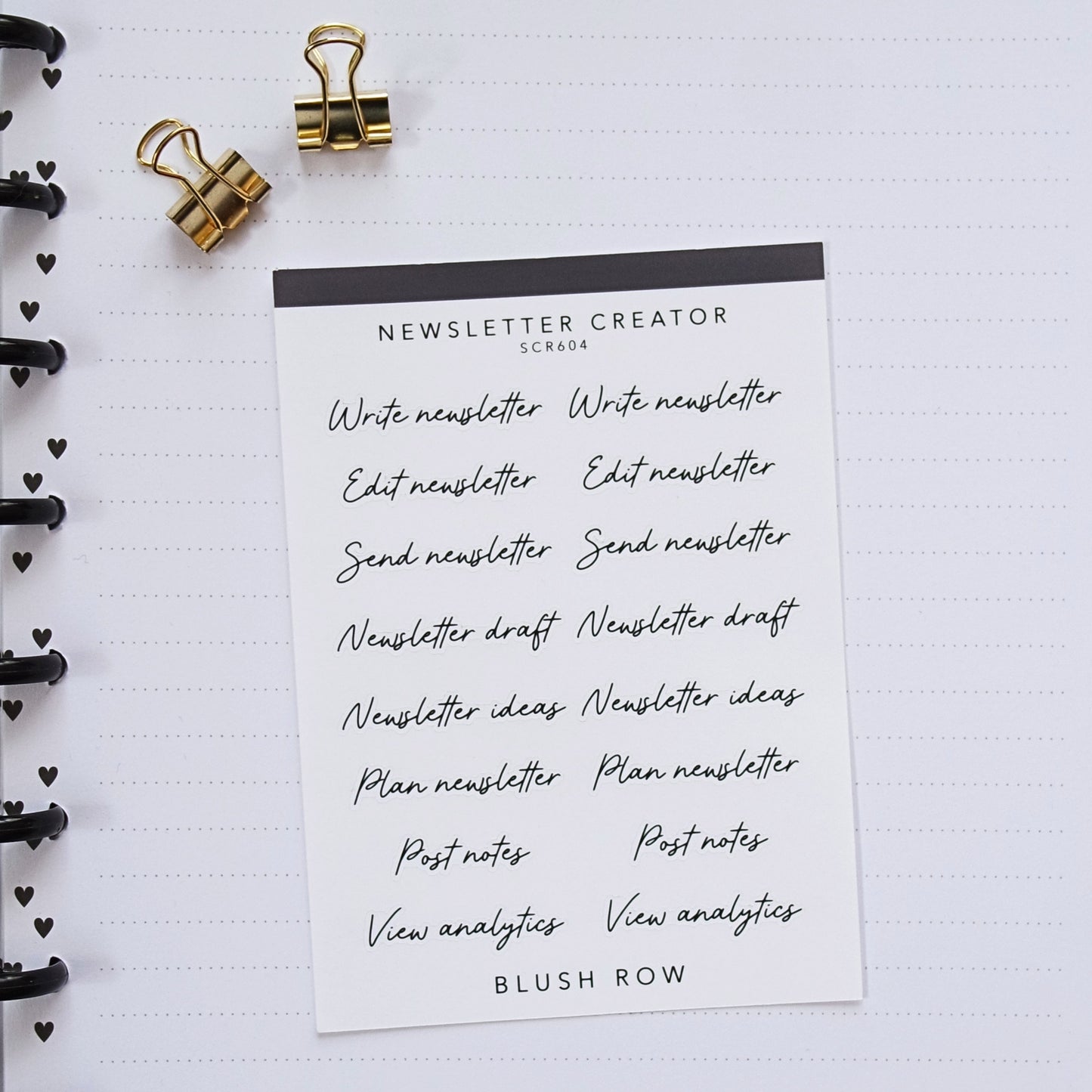Newsletter themed scripted planner stickers on a Blush Row sticker sheet.