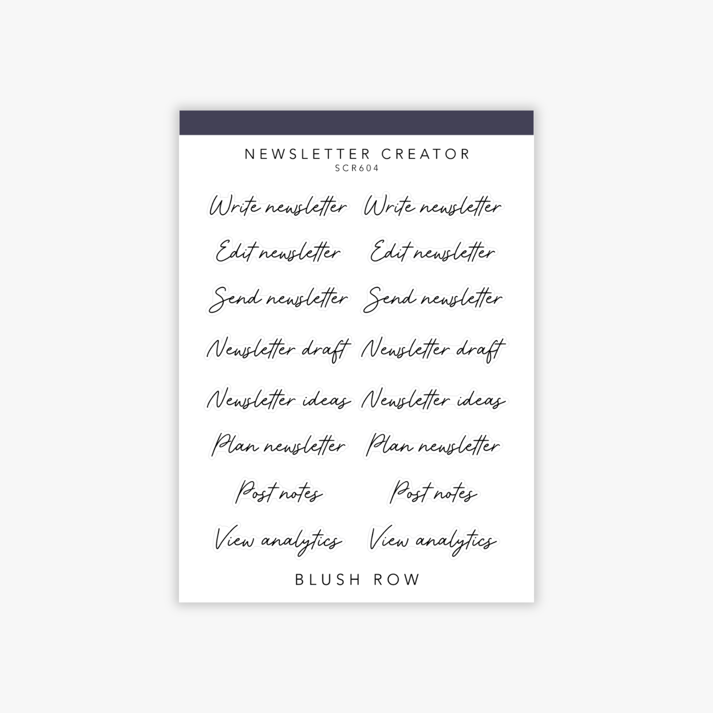 Newsletter themed scripted planner stickers on a Blush Row sticker sheet.