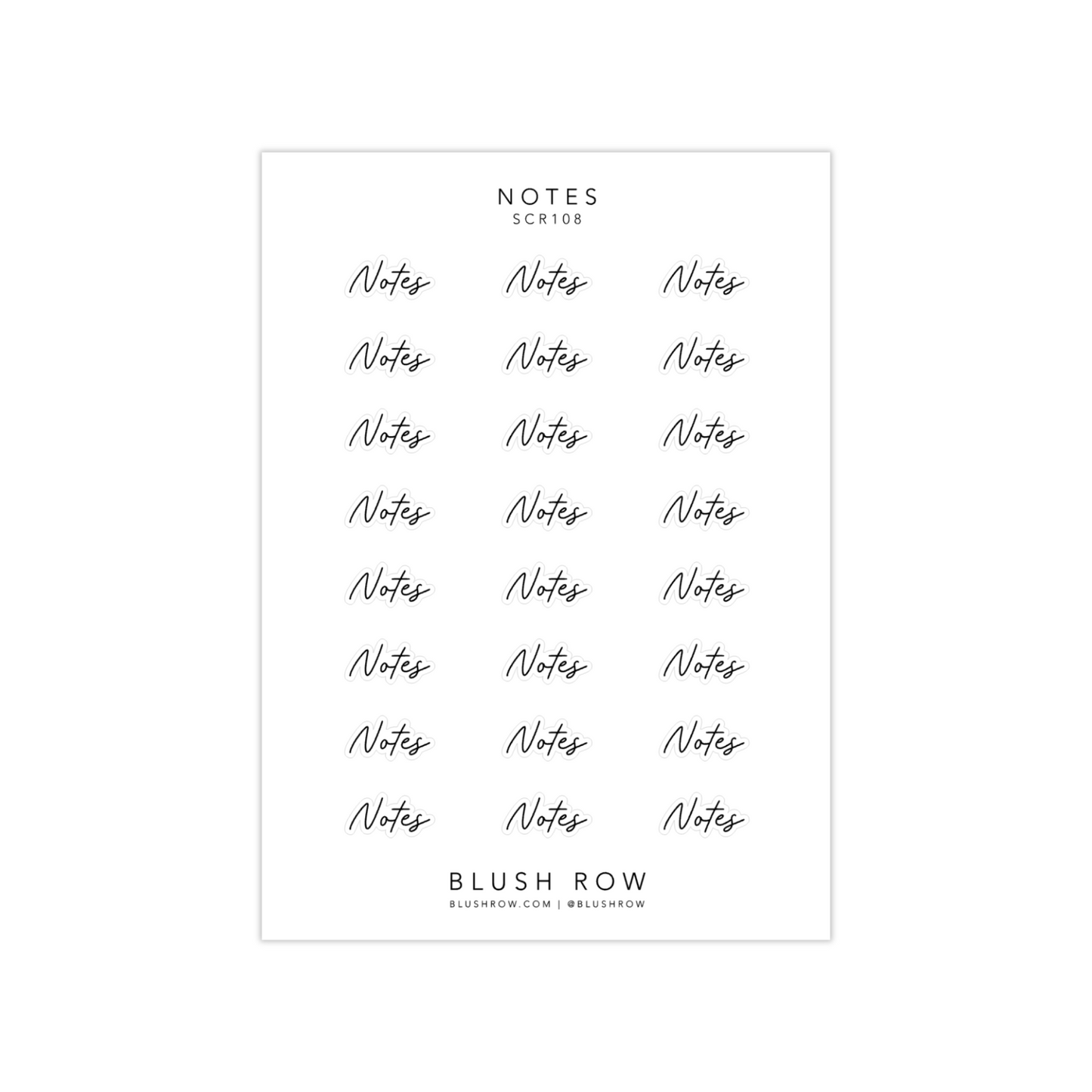 Sticker sheet with Notes scripted planner stickers.