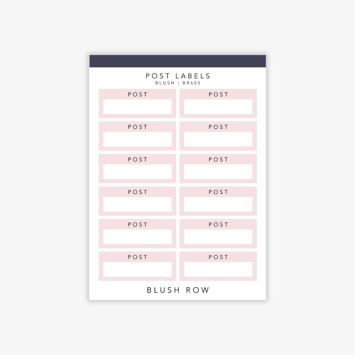 Quarter box shaped planner stickers with the word 'post' written in a black uppercase font with a blush pink background on a Blush Row sticker sheet.