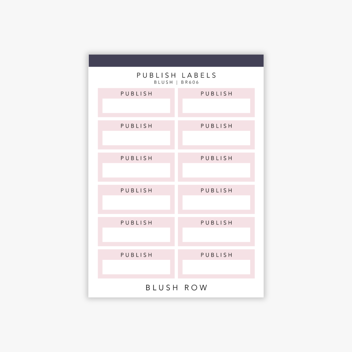 Quarter box planner stickers with the word 'publish' written in a black uppercase font with a blush pink background on a Blush Row sticker sheet.