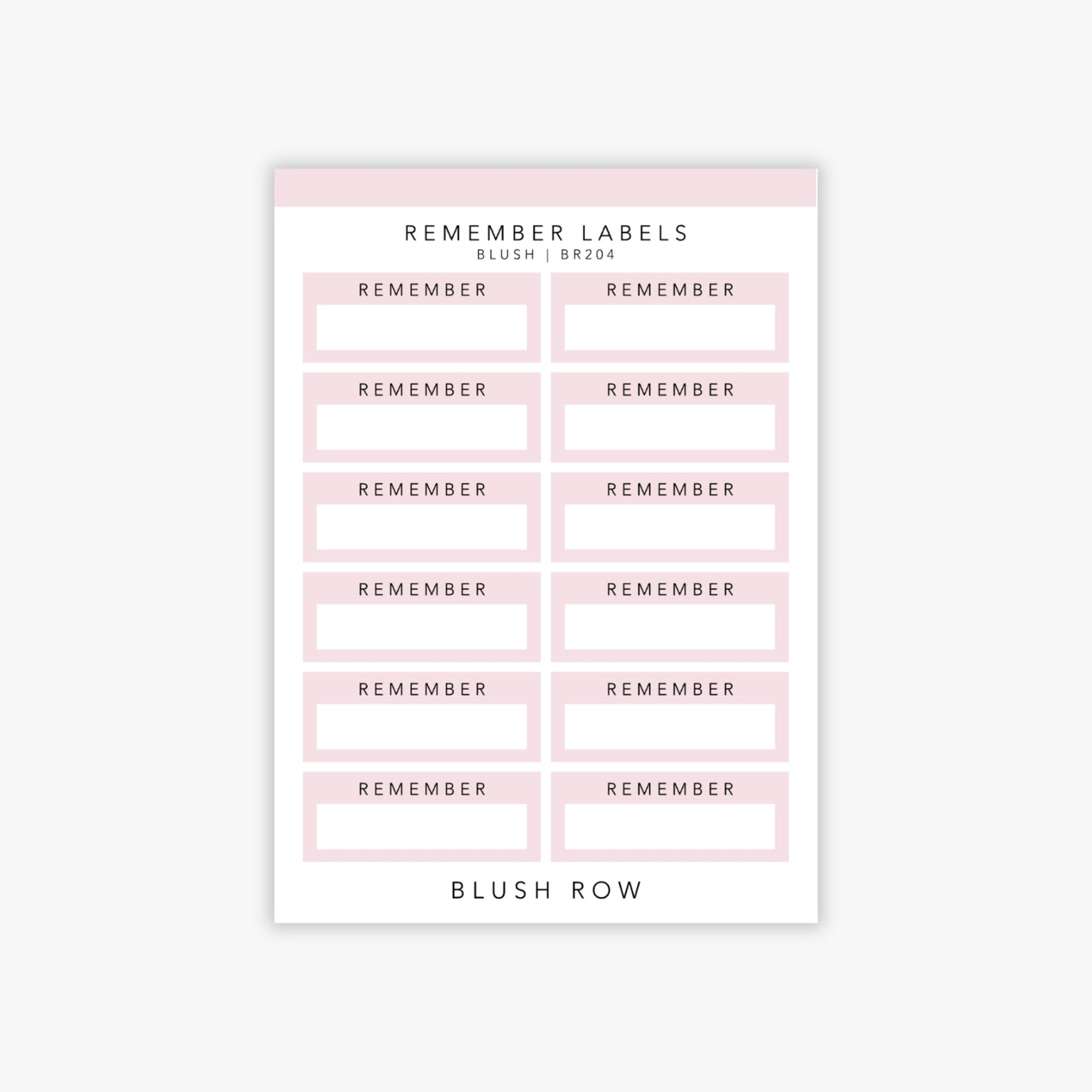 Quarter box planner stickers with the word 'remember' written in a black uppercase font with a blush pink background on a Blush Row sticker sheet.