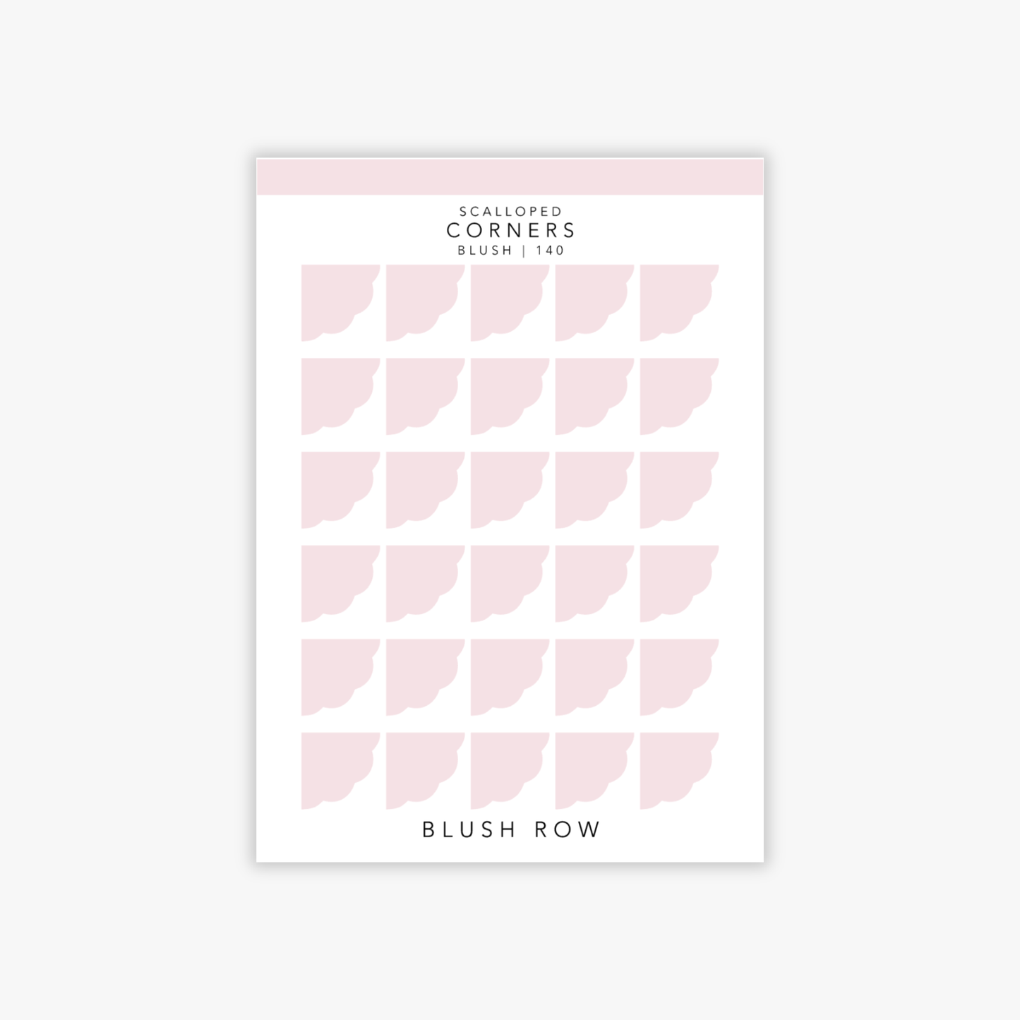 Scalloped corner shaped planner stickers in a blush pink shade on a Blush Row sticker sheet.