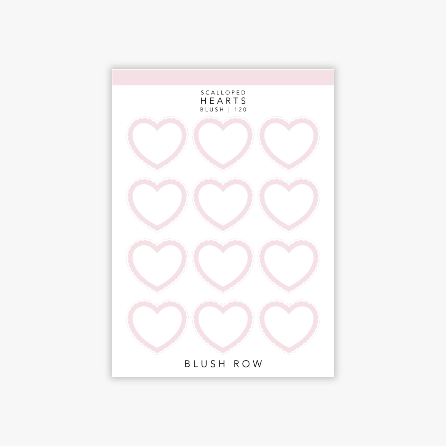 Heart shaped planner stickers in a blush pink shade with scalloped edging on a Blush Row sticker sheet.