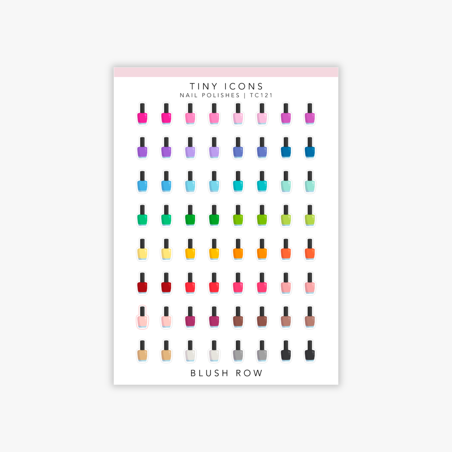 Rainbow nail polish icon sticker sheet by Blush Row with colourful mini nail polish stickers.