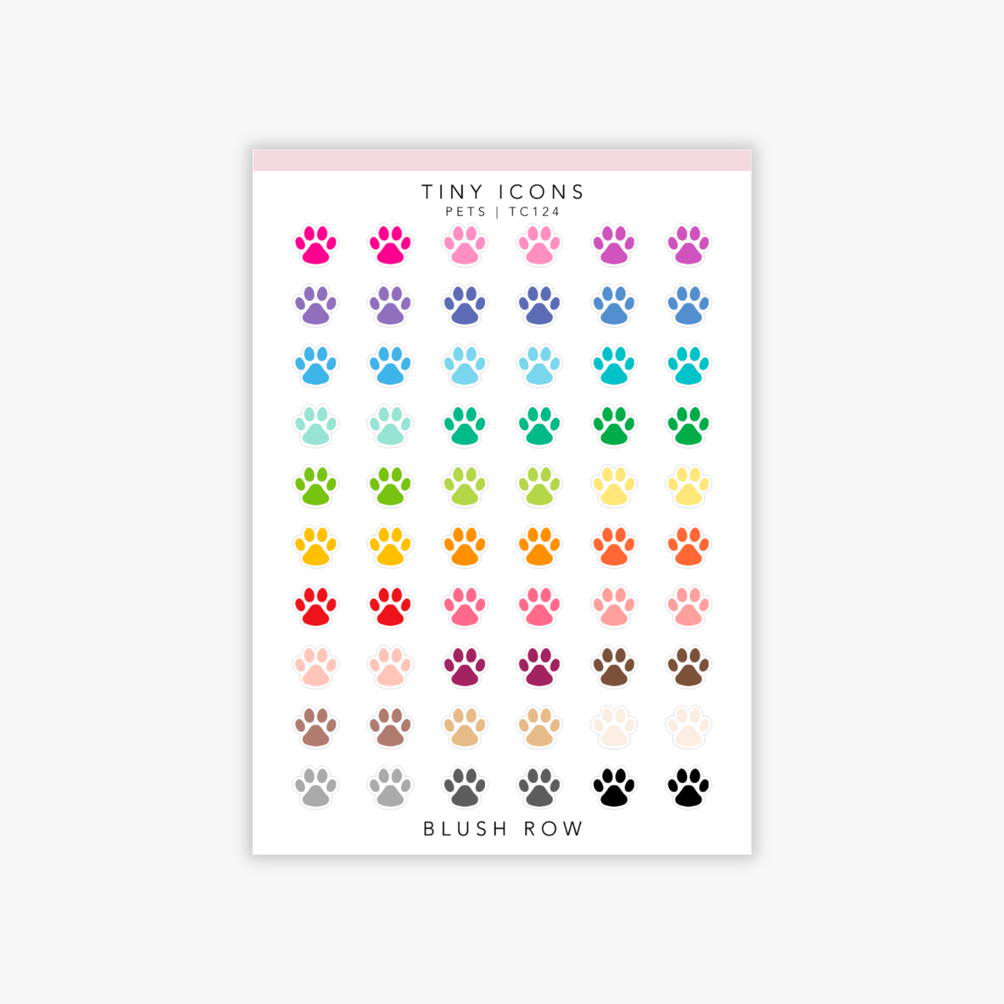 Sheet of tiny colourful paw print icon planner stickers in rainbow colours,.