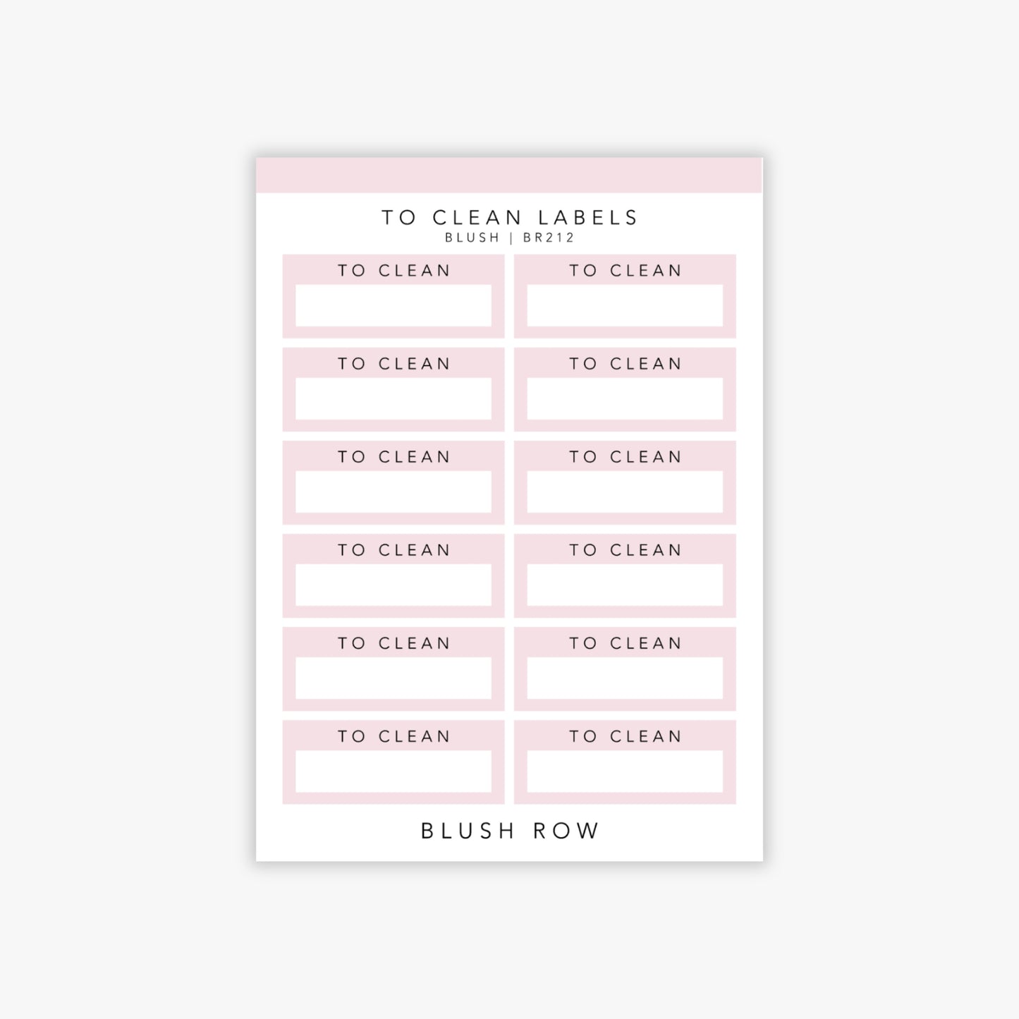 Quarter box planner stickers with the words 'to clean' written in a black uppercase font with a blush pink background on a Blush Row sticker sheet.