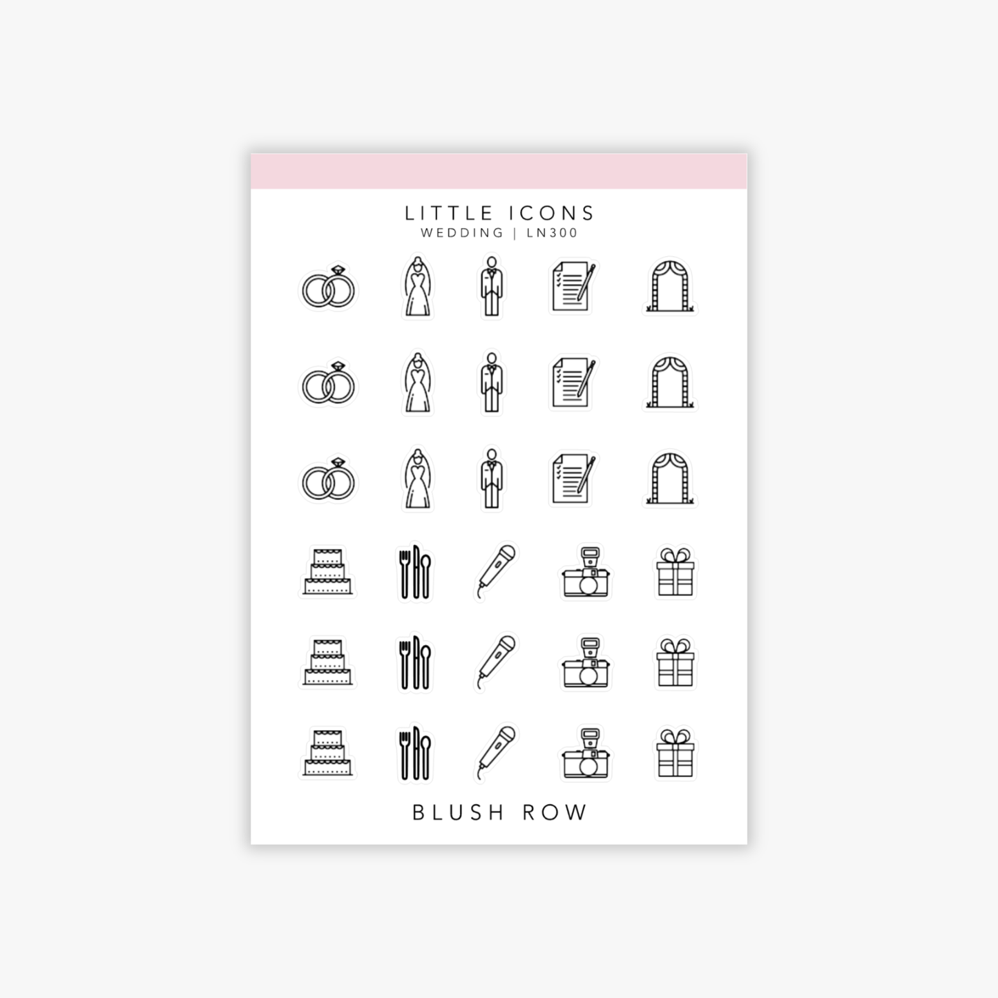 Sticker sheet of wedding icon planner stickers in a minimal black line style, featuring icons of wedding rings, bride, groom, checklist, ceremony arch, cake, cutlery, microphone, camera, and gift box arranged in repeating rows.