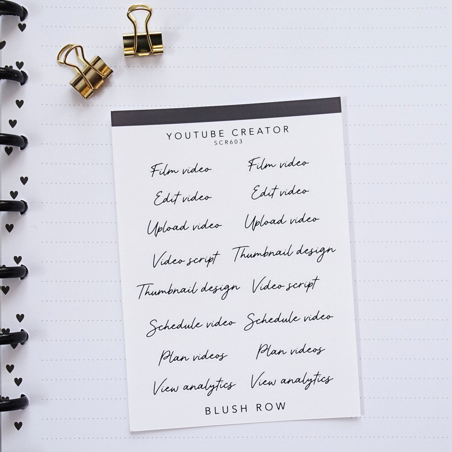 YouTube creator black scripted planner stickers on a Blush Row sticker sheet featuring film video, edit video, upload video and thumbnail design.