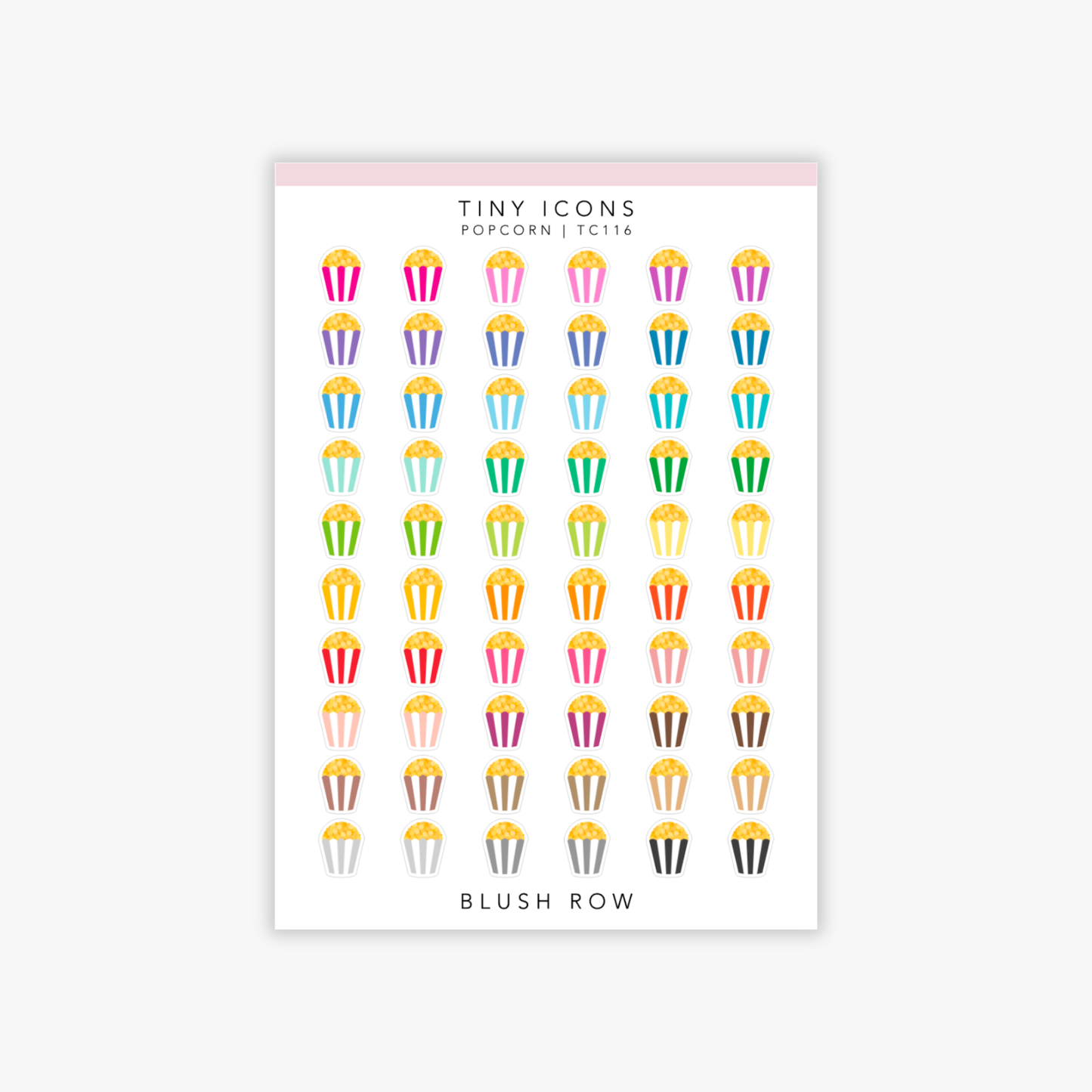 Rainbow popcorn icon sticker sheet by Blush Row with colourful mini popcorn stickers.