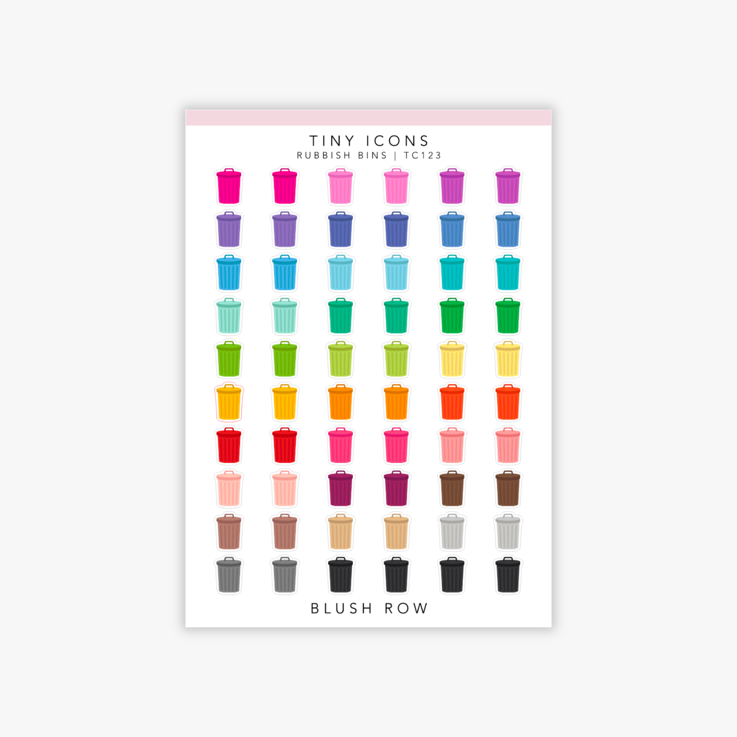 Sheet of tiny colourful rubbish bin icon planner stickers in rainbow colours.